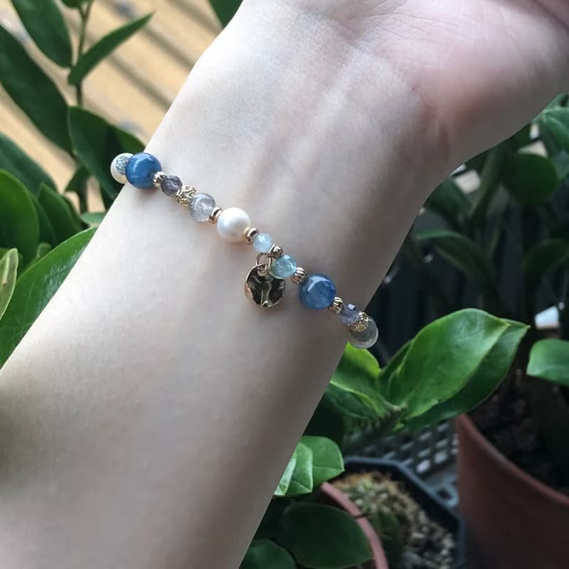 52赫茲 | 藍晶石海藍寶手鍊 彈性鍊 磷灰石 拉長石 菫青石 珍珠