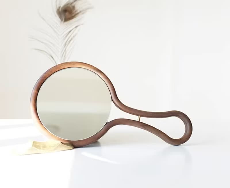 女友禮物 手持化妝鏡 實木手柄美容鏡 胡桃木