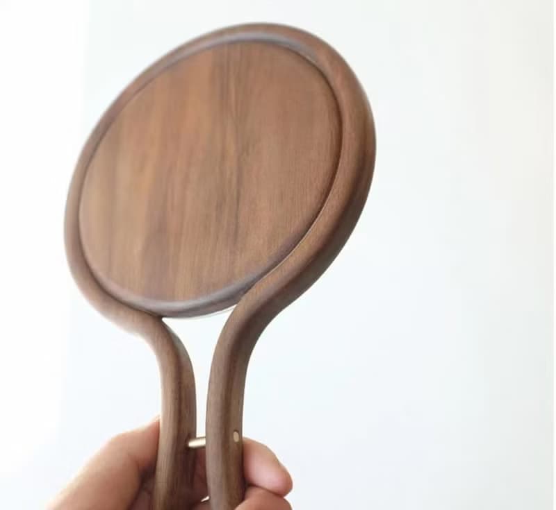 女友禮物 手持化妝鏡 實木手柄美容鏡 胡桃木
