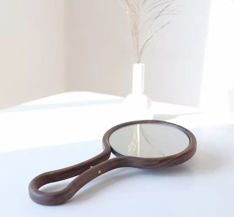 女友禮物 手持化妝鏡 實木手柄美容鏡 胡桃木