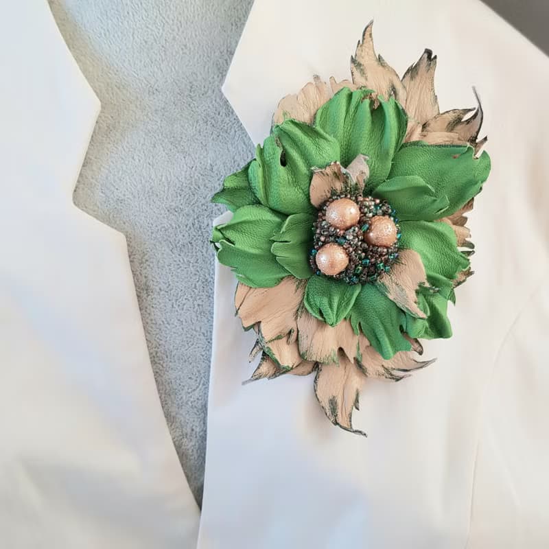 Green leather brooch for her Leather women's jewelry