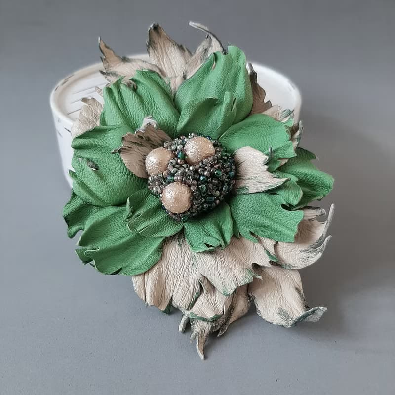 Green leather brooch for her Leather women's jewelry