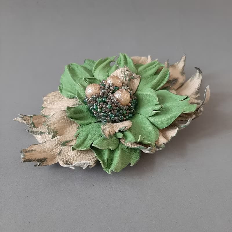 Green leather brooch for her Leather women's jewelry