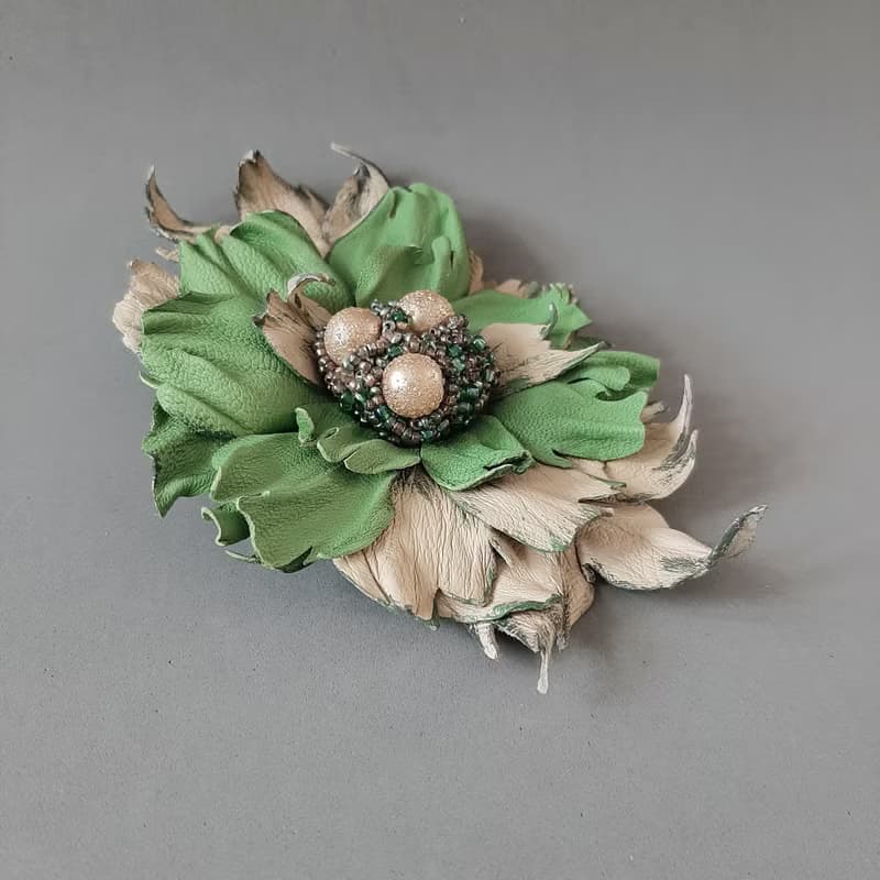 Green leather brooch for her Leather women's jewelry