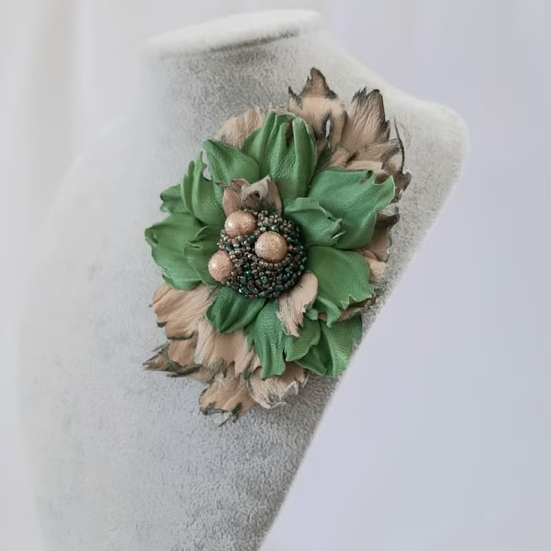 Green leather brooch for her Leather women's jewelry