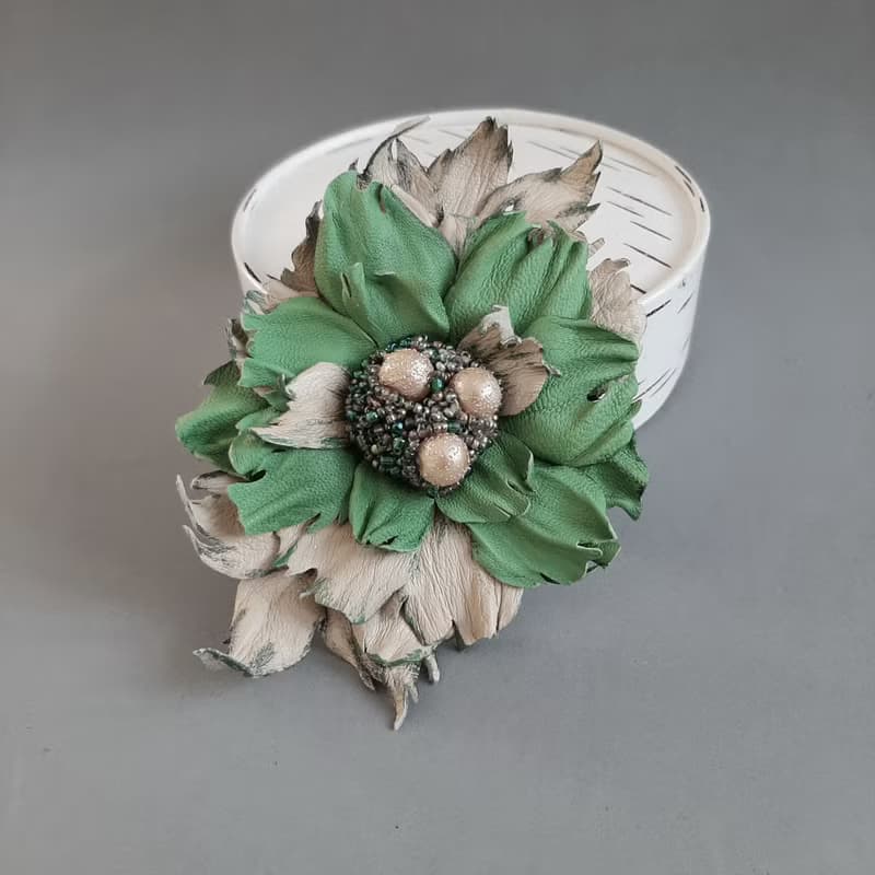 Green leather brooch for her Leather women's jewelry