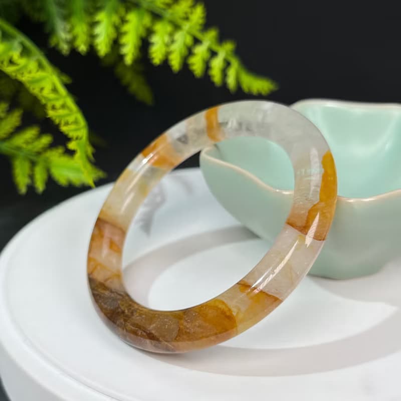 冰透黃膠花水晶手鐲53MM 星光飄天眼黃焦花水晶手環 助人緣旺事業