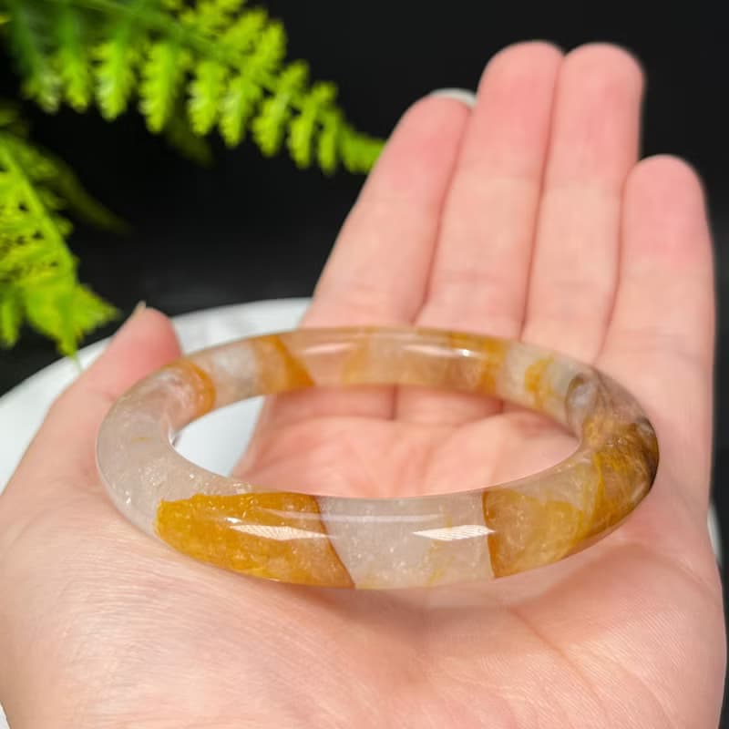 冰透黃膠花水晶手鐲53MM 星光飄天眼黃焦花水晶手環 助人緣旺事業