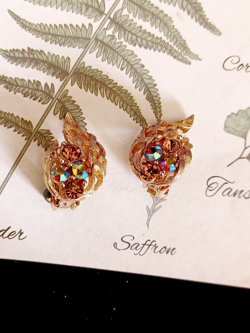 vintage jewelry  LISNER 繽紛砂金網格萊茵 夾式耳環