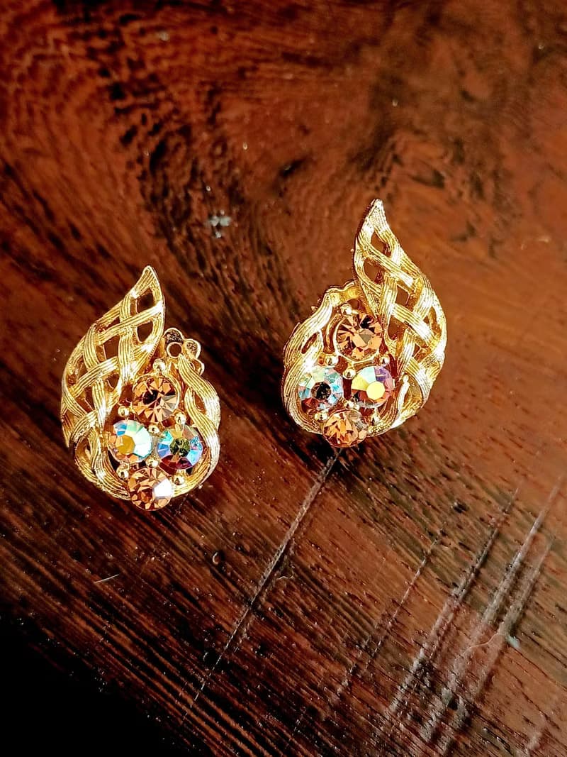 vintage jewelry  LISNER 繽紛砂金網格萊茵 夾式耳環