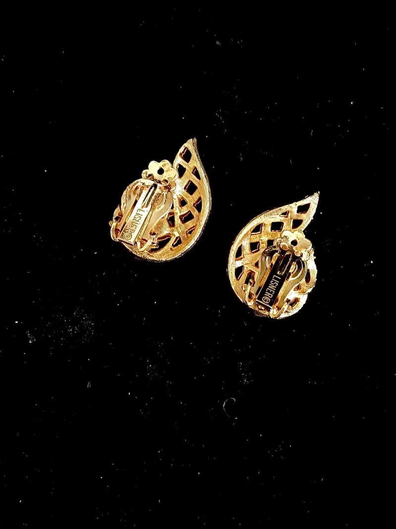 vintage jewelry  LISNER 繽紛砂金網格萊茵 夾式耳環