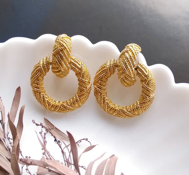 Vintage Jewelry 西洋古董飾品 金色調 垂墜 編繩 針式耳環