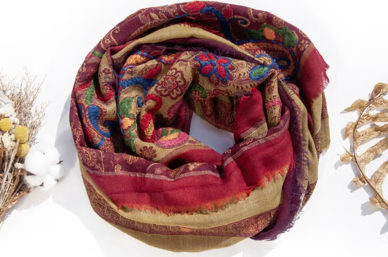 喀什米爾Cashmere/水煮羊毛披肩/針織圍巾/刺繡圍巾/羊絨披巾-花