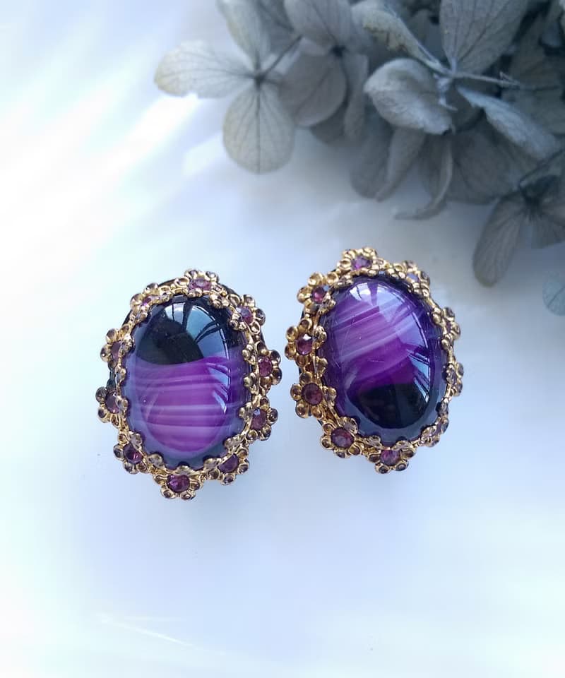 Vintage Jewelry 西洋古董飾品 日本製 優雅 紫鑽 紫紋 夾式耳環