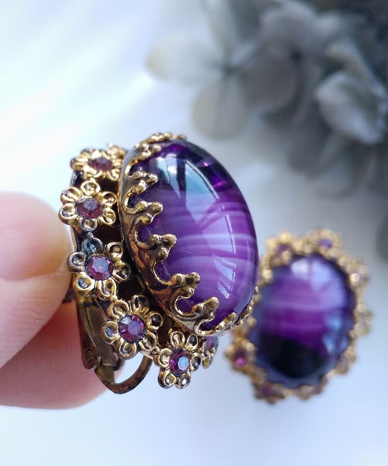 Vintage Jewelry 西洋古董飾品 日本製 優雅 紫鑽 紫紋 夾式耳環