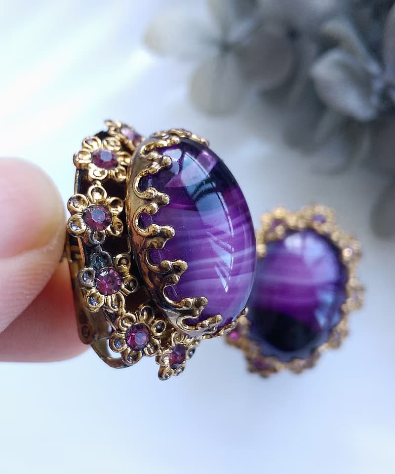 Vintage Jewelry 西洋古董飾品 日本製 優雅 紫鑽 紫紋 夾式耳環