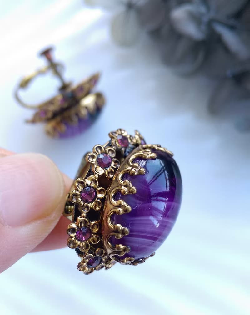 Vintage Jewelry 西洋古董飾品 日本製 優雅 紫鑽 紫紋 夾式耳環