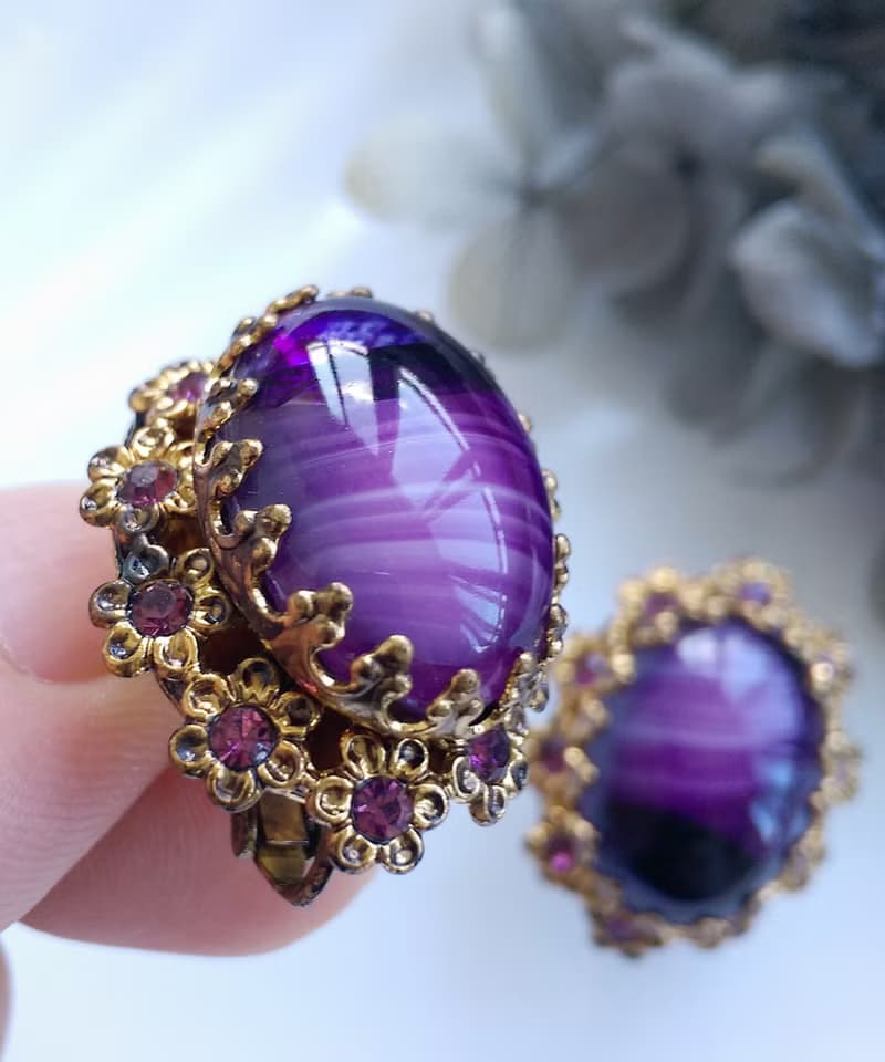 Vintage Jewelry 西洋古董飾品 日本製 優雅 紫鑽 紫紋 夾式耳環