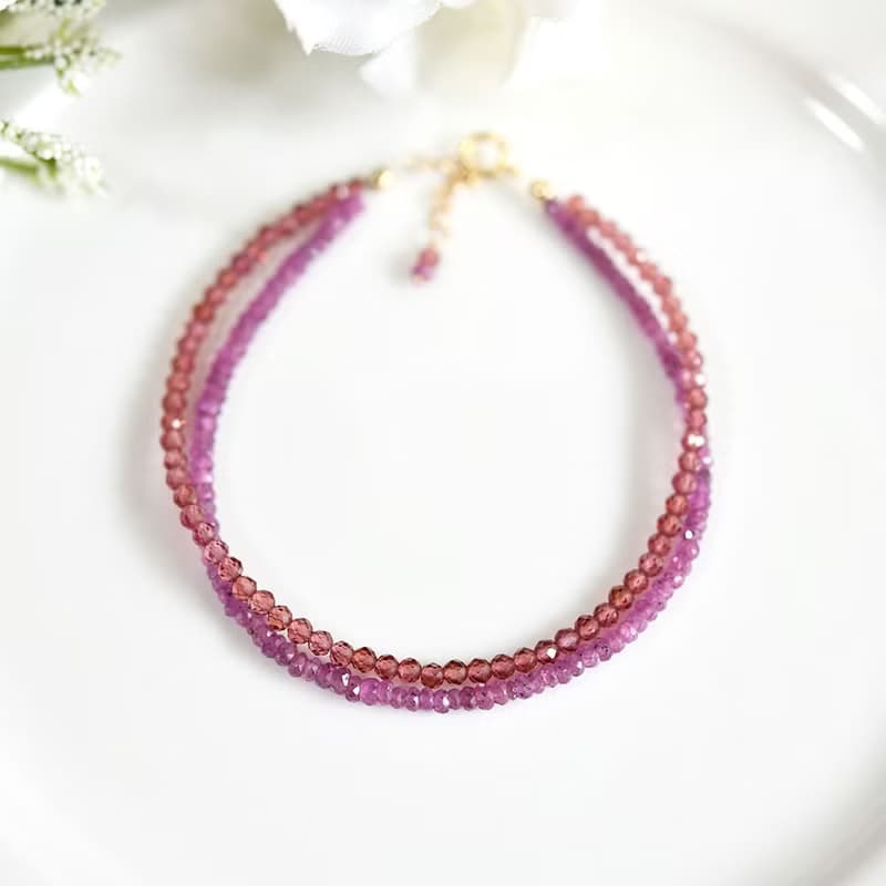 ピンクサファイアとガーネットの2連ブレスレット アジャスター付き 9月1月誕生石