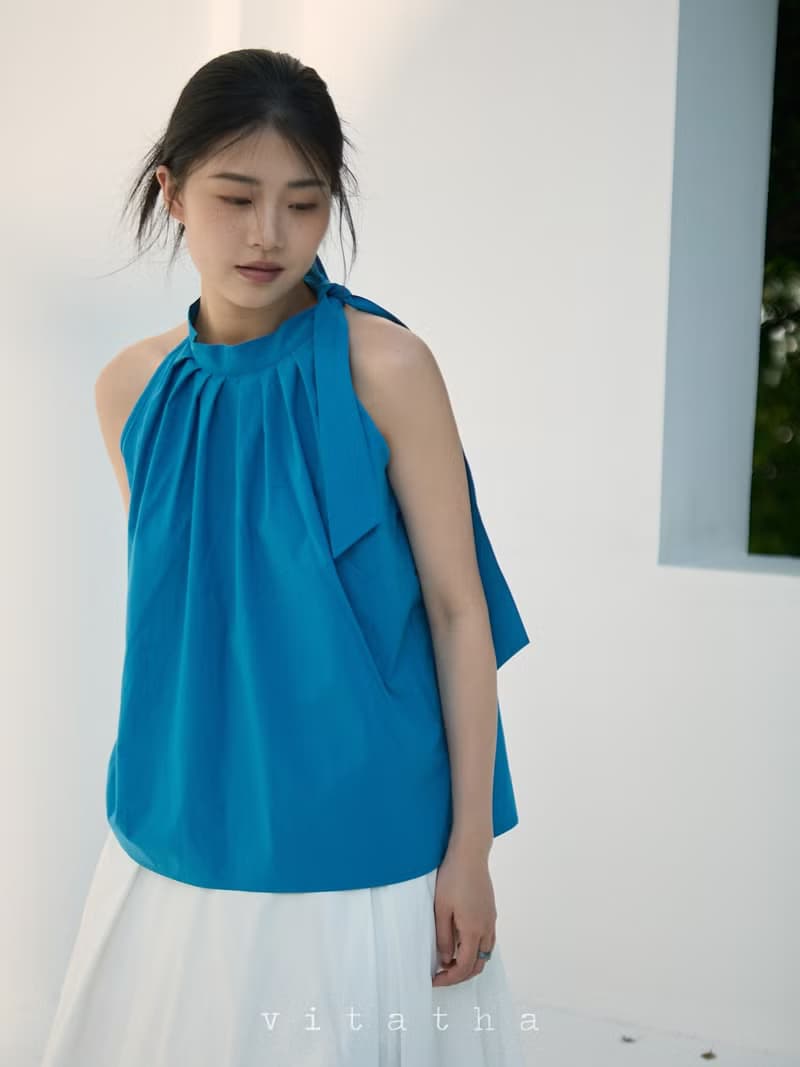 深竹月藍 掛脖上衣/洋裝 夏日忘憂草無袖掛脖連衣裙