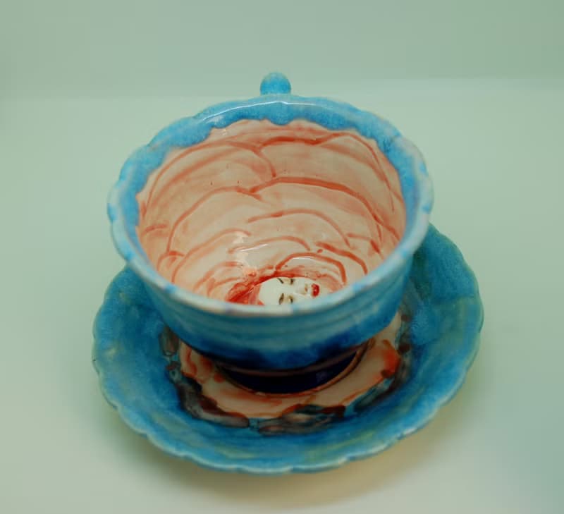 藍色陶瓷杯碟 手工茶具 內有仙花