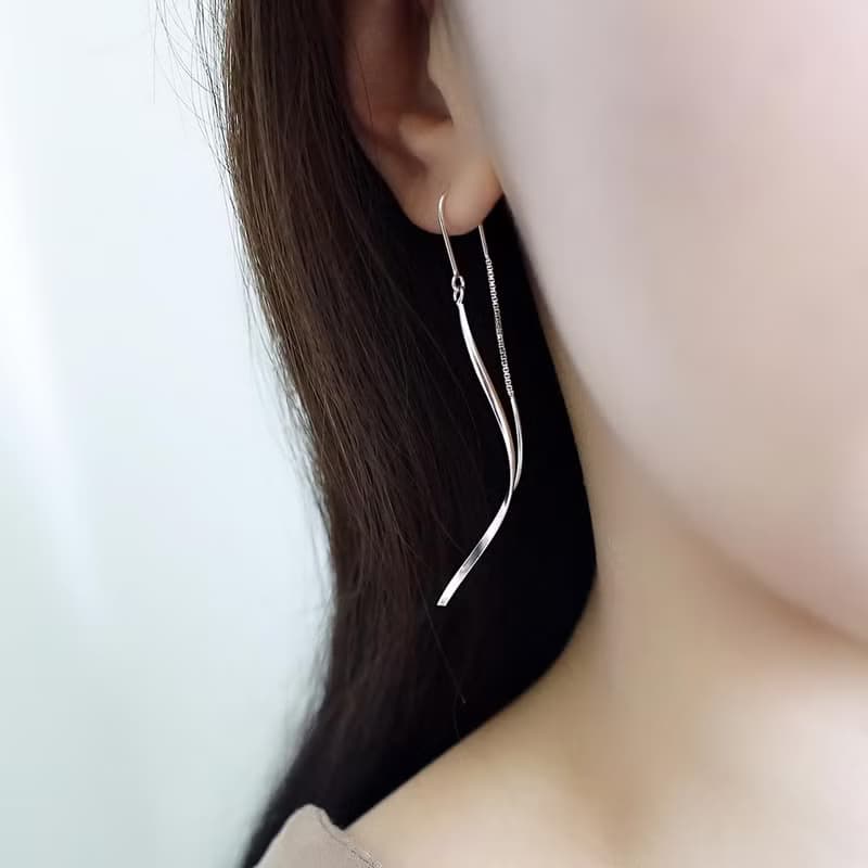 畢業禮物 七夕 羅曼史純銀耳線式耳環 波浪線條垂墜式 925純銀飾