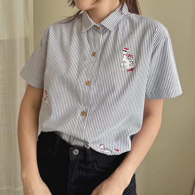 刺绣衬衫 (Embroidery Shirt) : 黑色条纹 (Stripe) : 斑点狗