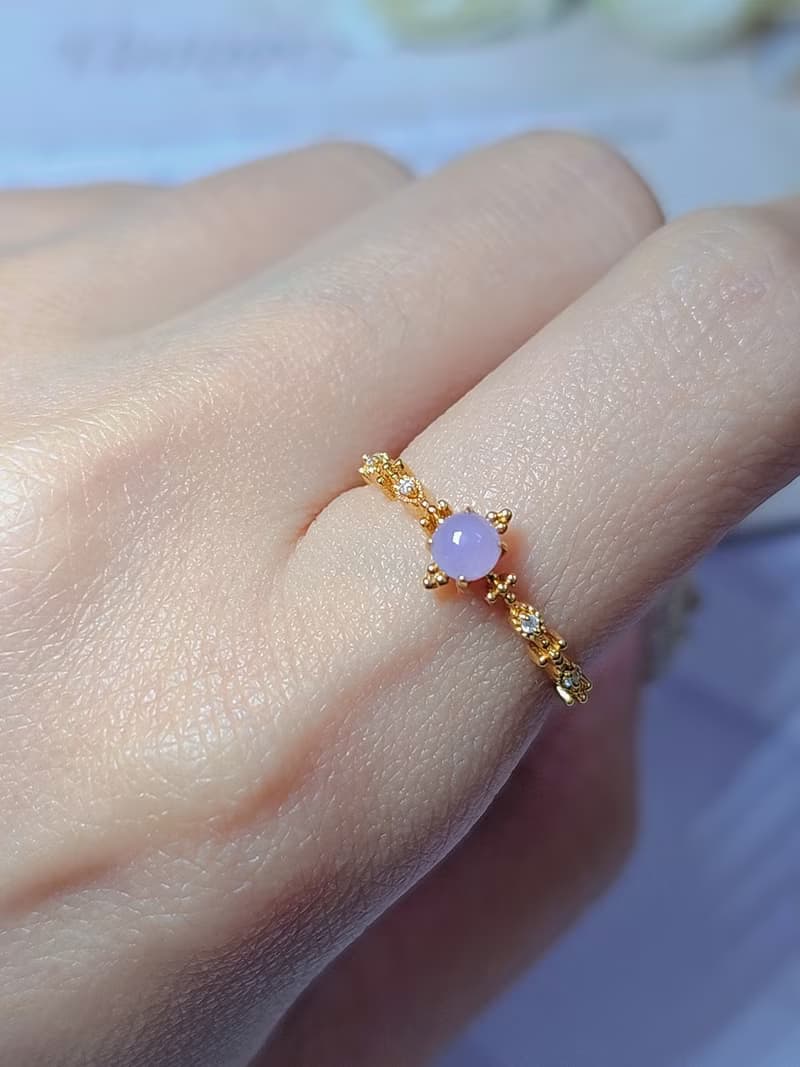 |18k金蕾絲紫美人|緬甸A貨翡翠冰粉紫蛋面4mm18k金真鑽蕾絲款戒指