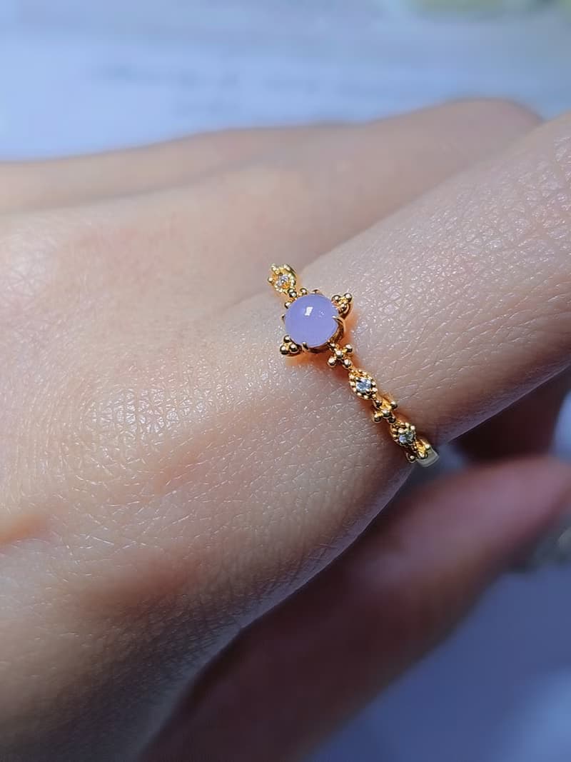 |18k金蕾絲紫美人|緬甸A貨翡翠冰粉紫蛋面4mm18k金真鑽蕾絲款戒指