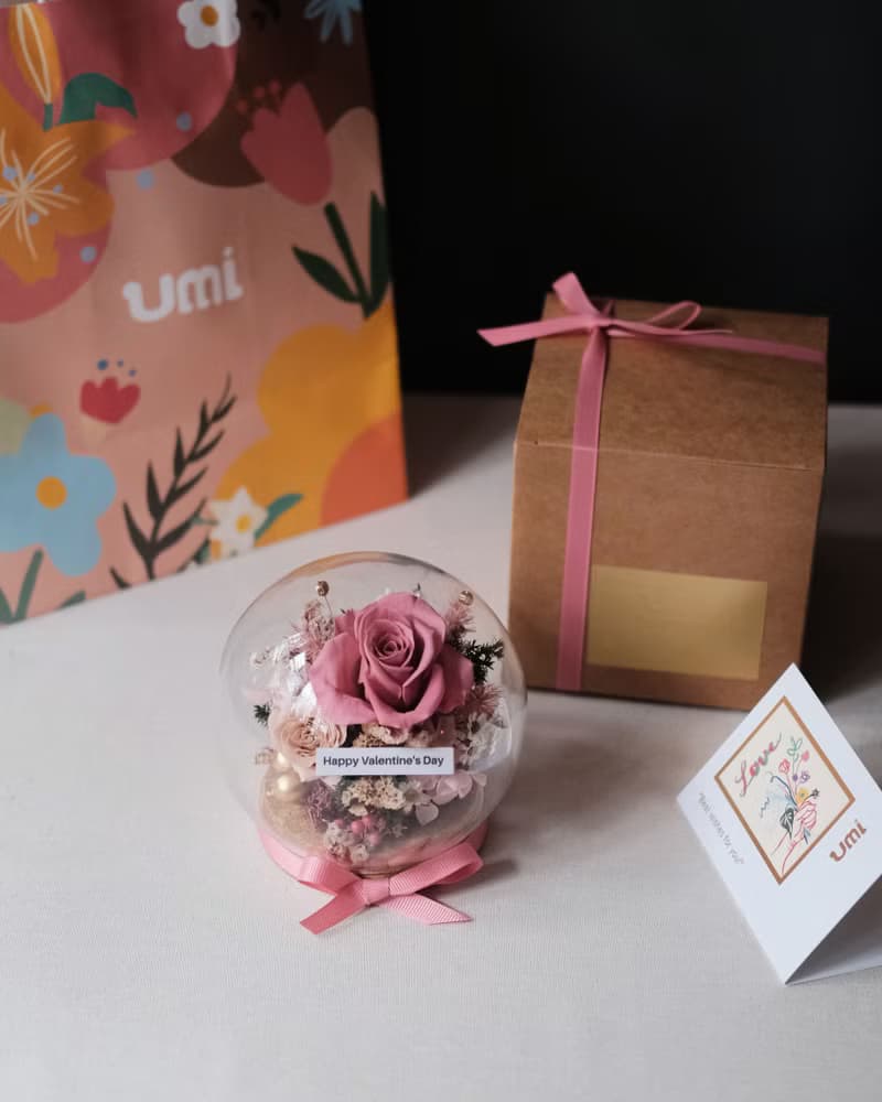 母親節永生花/乾燥花圓球玻璃盅/酒紅薔薇色/生日禮物/刻字/母親