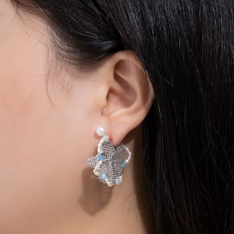 【品牌設計款最佳禮物】925純銀耳針 金屬布 海藍寶 刺繡耳環