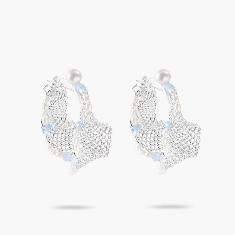 【品牌設計款最佳禮物】925純銀耳針 金屬布 海藍寶 刺繡耳環