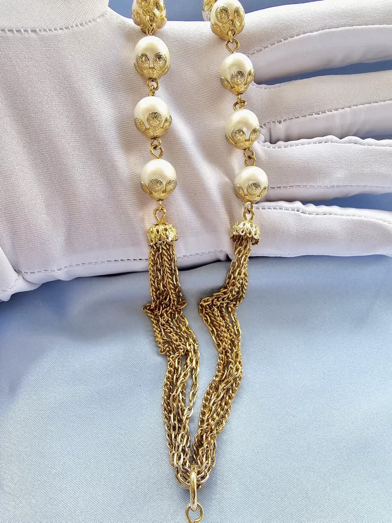 金色多鍊珍珠小瀑布流蘇項鍊/復古珠寶首飾vintage西洋古董飾品