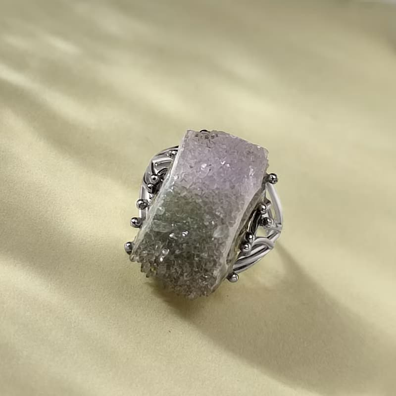 紫綠雙色漸變瑪瑙活口戒指 隨形原石標本星光閃片手工指環 S925銀