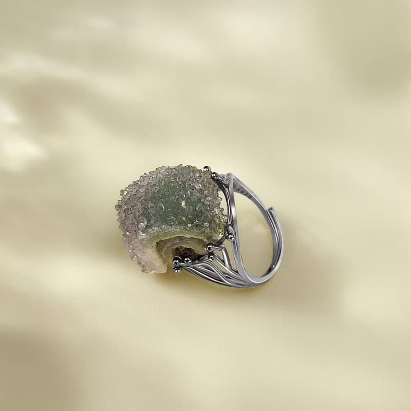 紫綠雙色漸變瑪瑙活口戒指 隨形原石標本星光閃片手工指環 S925銀