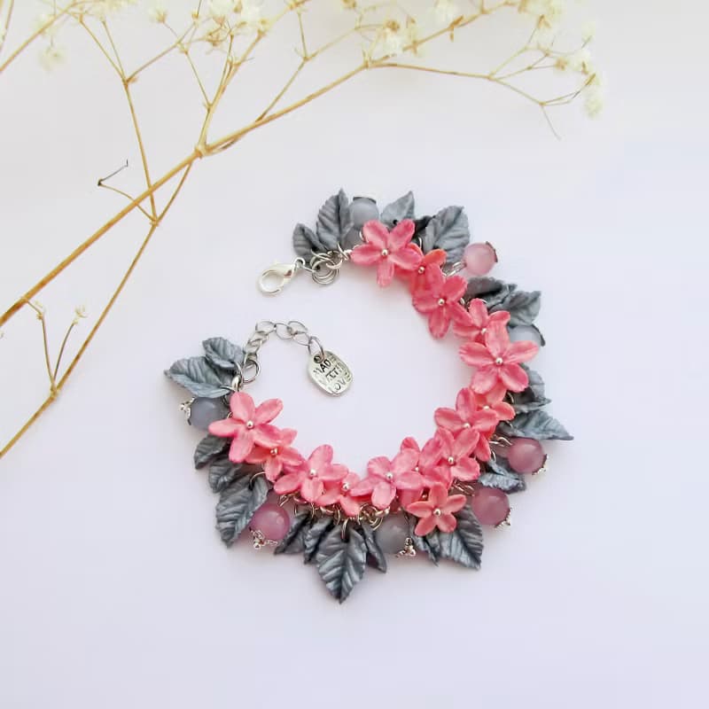 Flowers bracelet Pink flower Floral bracelet Flower clay