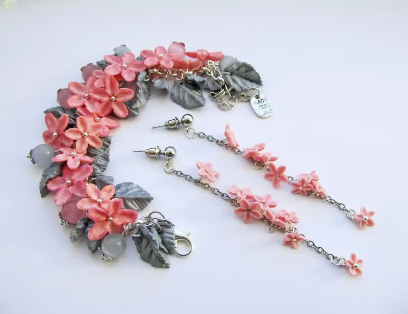 Flowers bracelet Pink flower Floral bracelet Flower clay