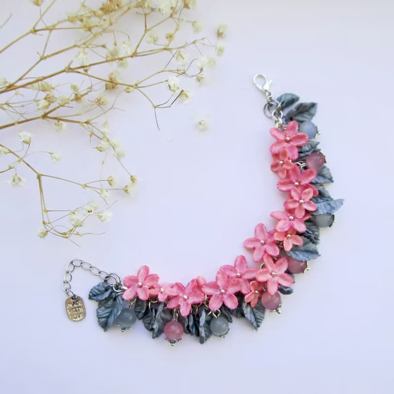 Flowers bracelet Pink flower Floral bracelet Flower clay