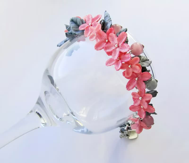 Flowers bracelet Pink flower Floral bracelet Flower clay