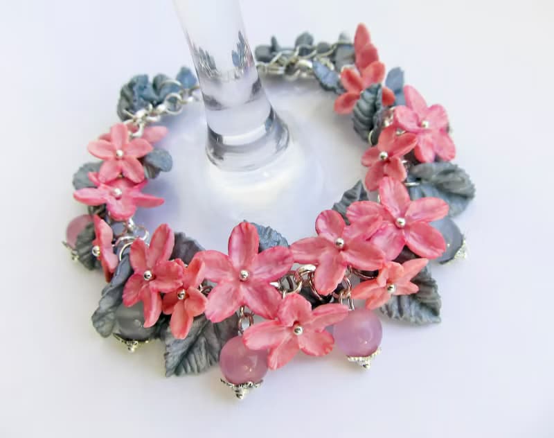 Flowers bracelet Pink flower Floral bracelet Flower clay