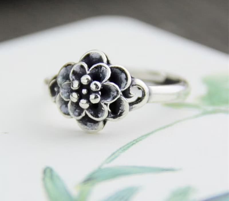 Real S 925 Thai Sterling Silver Women Handmade Flower Rings Vintage Ethnic Open