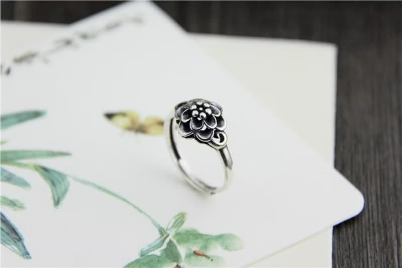 Real S 925 Thai Sterling Silver Women Handmade Flower Rings Vintage Ethnic Open