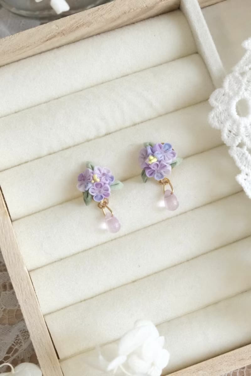 紫式 日系捧花耳釘 細工花布花