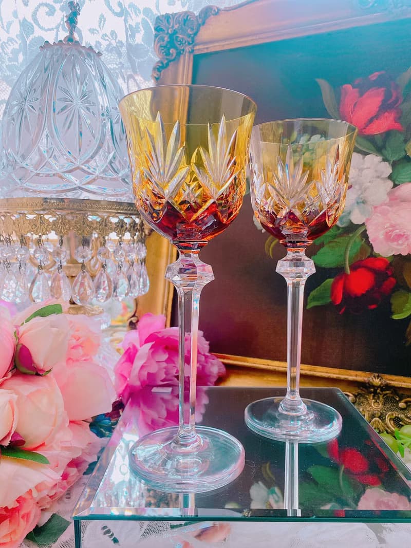 法國手工切割橘色古董水晶杯 酒杯 白酒杯 果汁杯 古董杯一隻