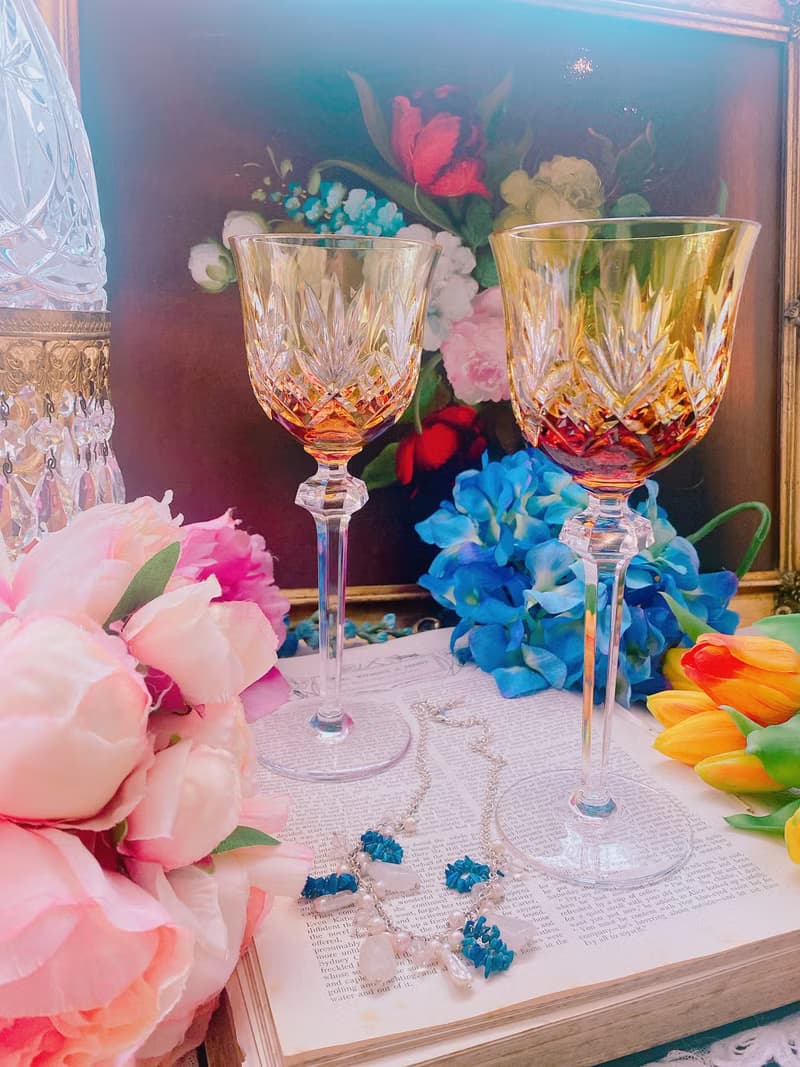 法國手工切割橘色古董水晶杯 酒杯 白酒杯 果汁杯 古董杯一隻