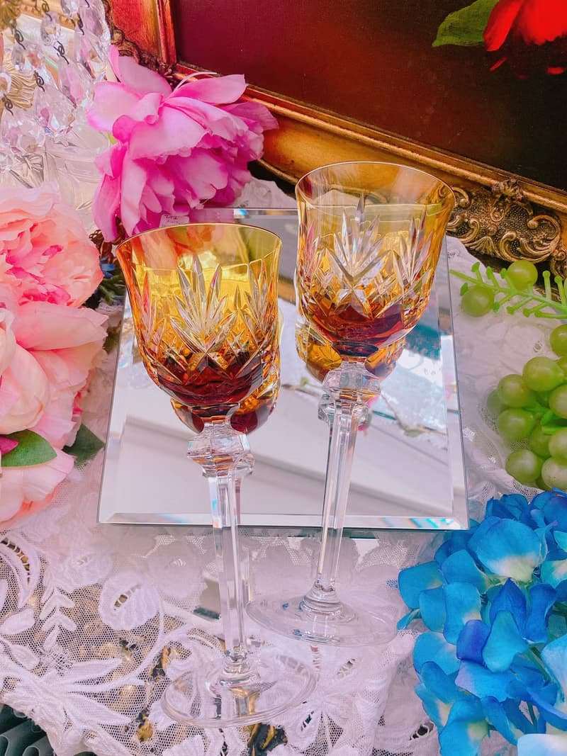 法國手工切割橘色古董水晶杯 酒杯 白酒杯 果汁杯 古董杯一隻