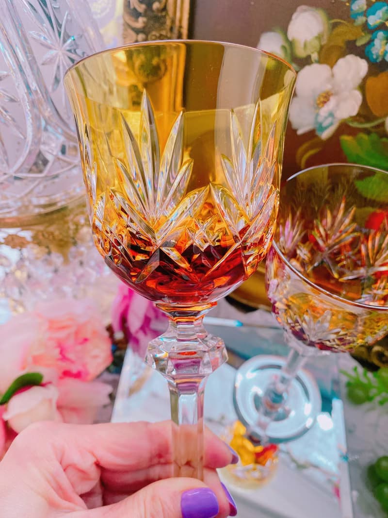 法國手工切割橘色古董水晶杯 酒杯 白酒杯 果汁杯 古董杯一隻