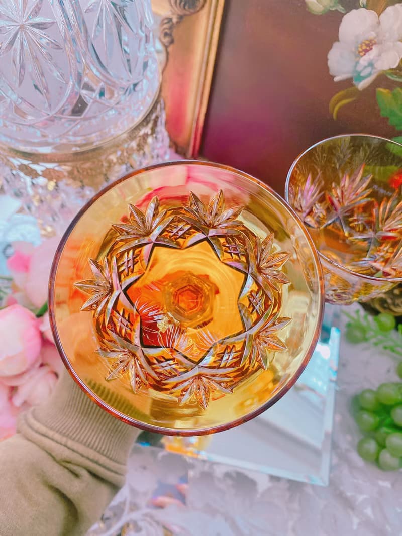 法國手工切割橘色古董水晶杯 酒杯 白酒杯 果汁杯 古董杯一隻