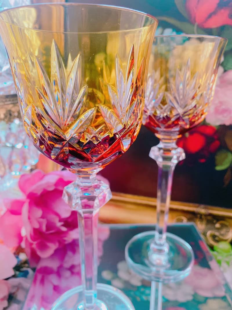 法國手工切割橘色古董水晶杯 酒杯 白酒杯 果汁杯 古董杯一隻