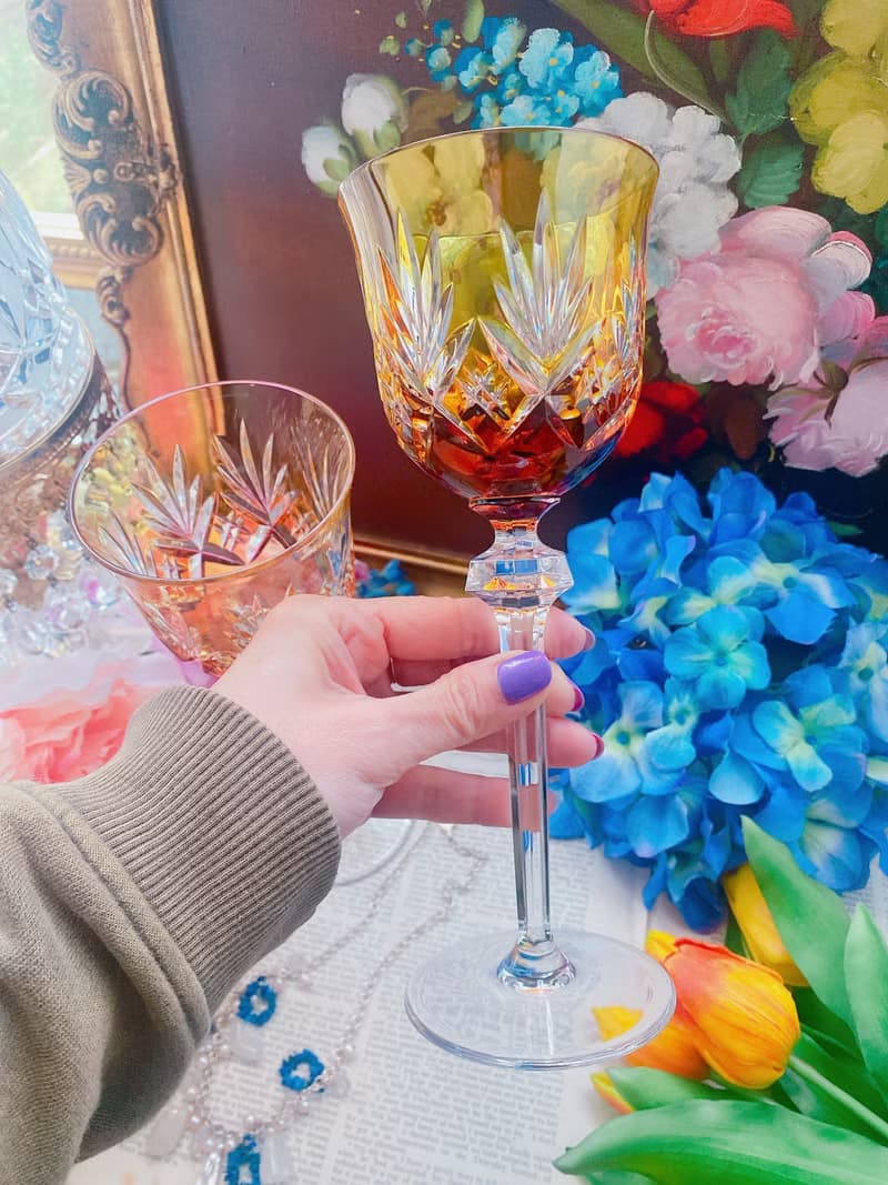 法國手工切割橘色古董水晶杯 酒杯 白酒杯 果汁杯 古董杯一隻